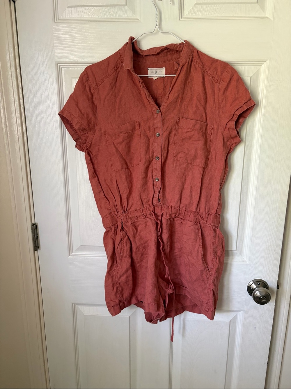 Button Front Short Sleeve Romper in Dusty Rose Lou and grey